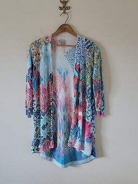 Chico's Bright Color Ikat Mixed Pattern Open Cardigan Size Medium